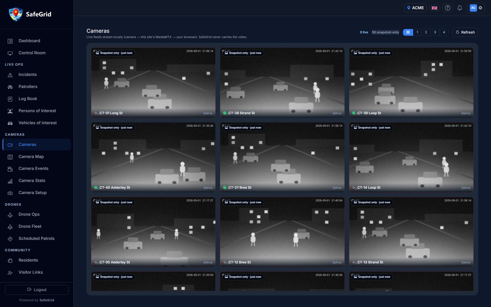 Camera wall — live stills from your CCTV