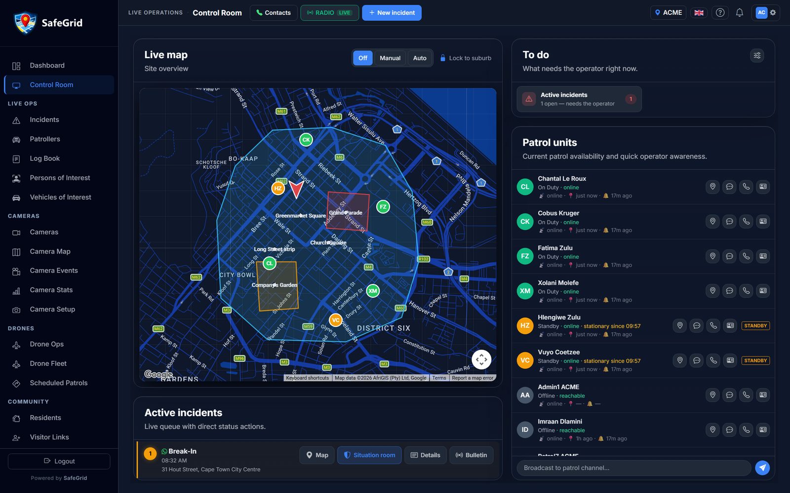 Control room — live map, patrollers, incidents