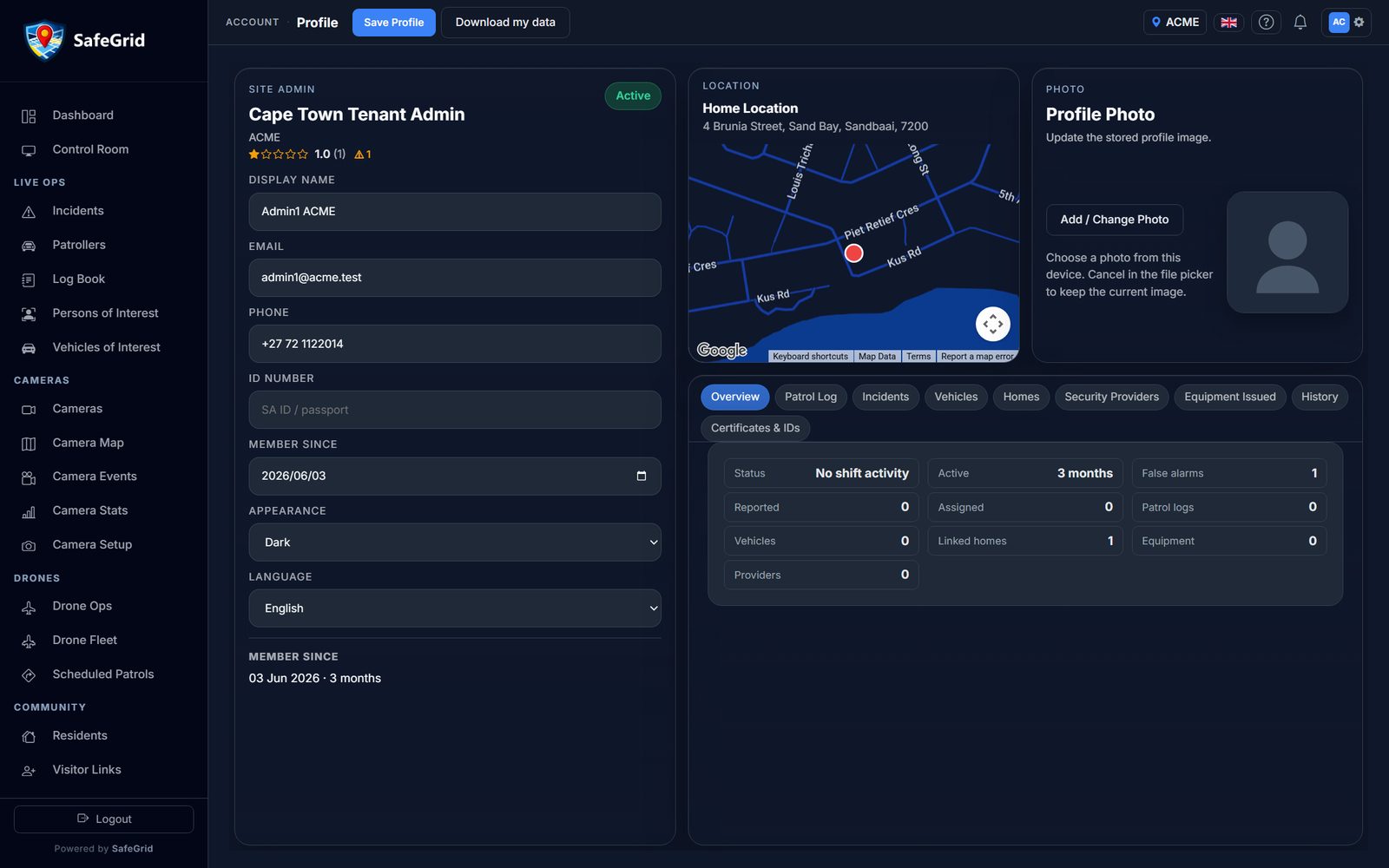 Your profile — home, vehicles, ID card, history